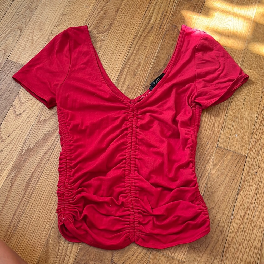 Deep v red ruched shirt forever 21 size small
